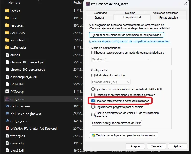 Activando la propiedad de ejecutar el programa como administrador.