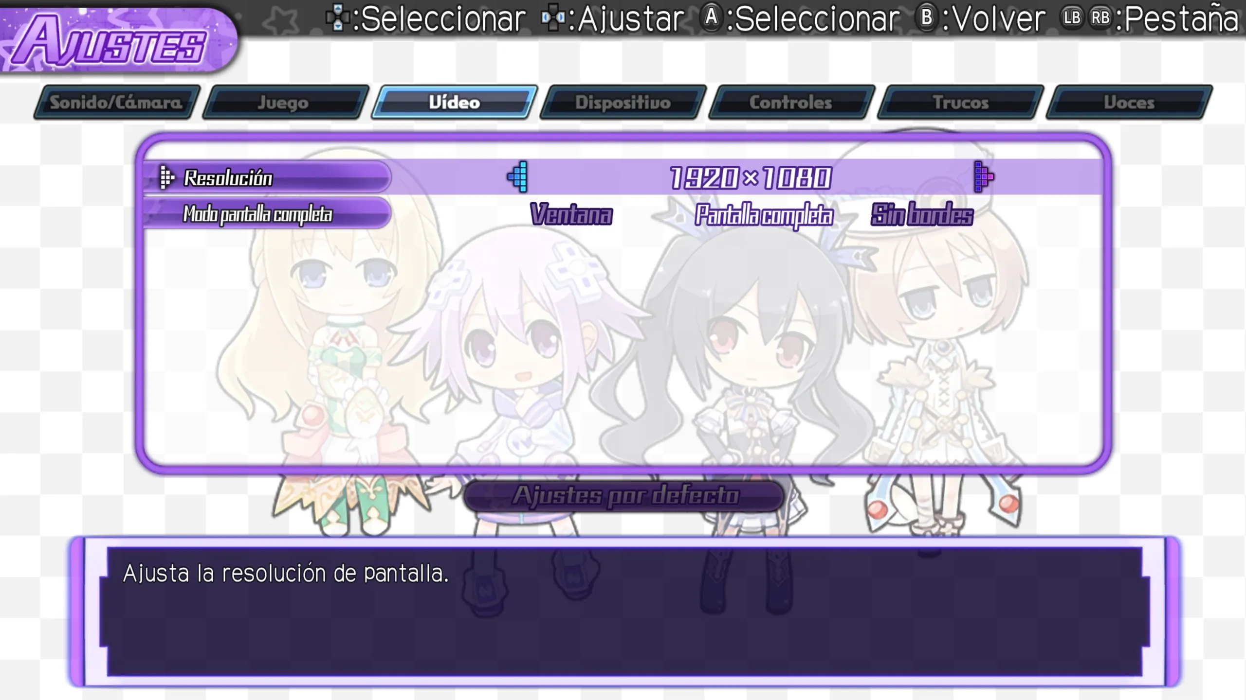 Configuración de Neptunia U con resolución 1920x1080 y pantalla completa.