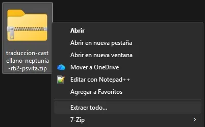 Carpeta comprimida con los archivos del parche de traducción.