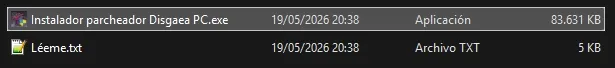 Ejecutable Instalador parcheador Disgaea PC.exe» visible en la carpeta del parche