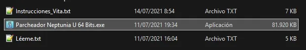 Ejecutable Parcheador Neptunia U 64 Bits.exe visible en la carpeta del parche