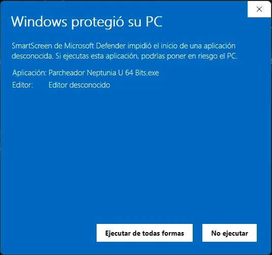 Botón «Ejecutar de todos modos» tras pulsar «Más información» en SmartScreen