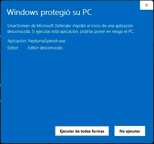 Botón «Ejecutar de todos modos» tras pulsar «Más información» en SmartScreen