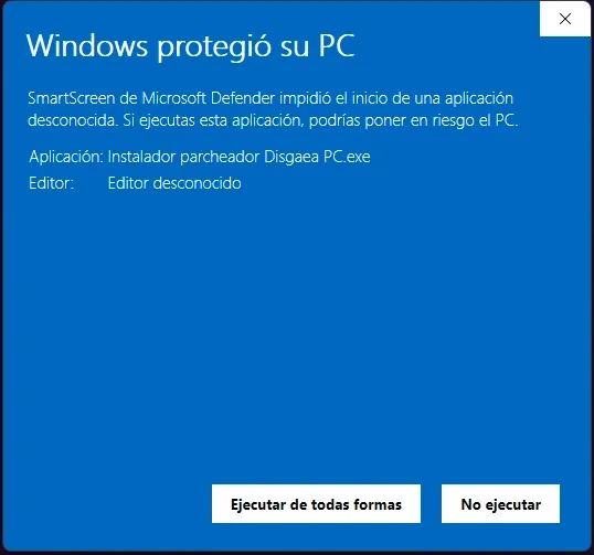 Botón «Ejecutar de todos modos» tras pulsar «Más información» en SmartScreen
