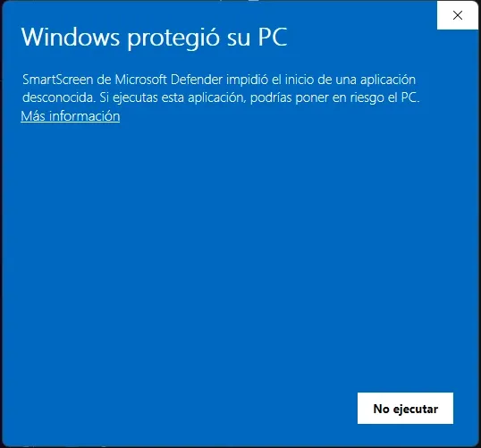 Aviso de SmartScreen bloqueando el ejecutable con el botón «Más información»