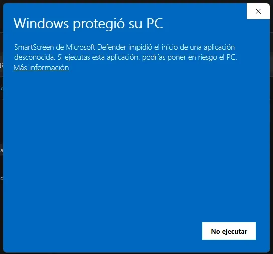 Aviso de SmartScreen bloqueando el ejecutable con el botón «Más información»