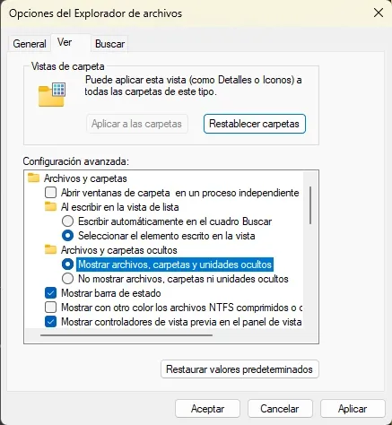 Mostrar archivos, carpetas y unidades ocultos ACTIVADO.