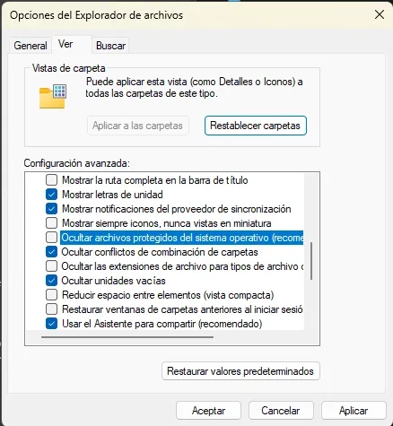 Ocultar archivos protegidos del sistema operativo (recomendado) DESACTIVADA.