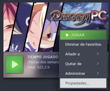 Accediendo a las propiedades del juego en Steam.