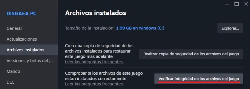 Seleccionando verificar integridad de los archivos del juego.